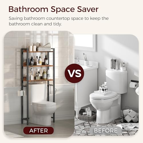 MAHANCRIS Over The Toilet Storage Rack, 3 Tier Bathroom Organizer Over Toilet, Freestanding Space Saver Toilet Stand with 2 Hooks, Bathroom Storage Shelf, Easy to Assemble, Rustic Brown TSHR6001 by MAHANCRIS - Image 6