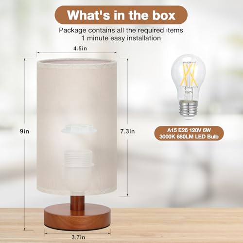 Image of Fenmzee Small Table Lamp for Bedroom - Inline Control, Bedside Lamp with 3000K A15 LED Blub, Easy Assembly (Beige Shade - Walnut Base, 9 inch Inline Control)