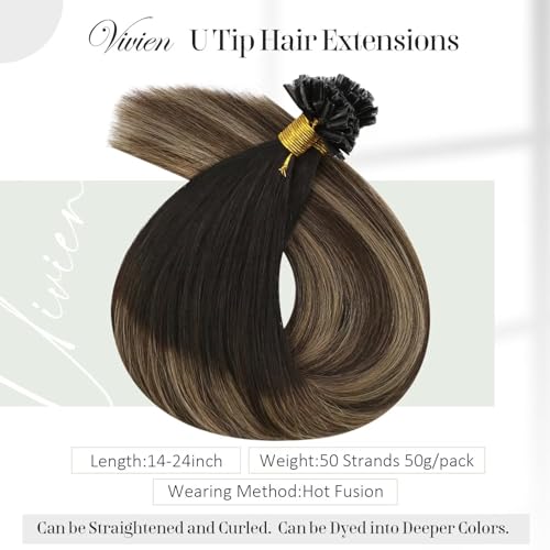 Vivien Balayage U Tip Hair Extensions Real Human Hair Brown 22 Inch Pre Bonded Extensions Nature Black Ombre Medium Brown with Blonde Invisible 50g 50s #1B/4/18 - Image 2