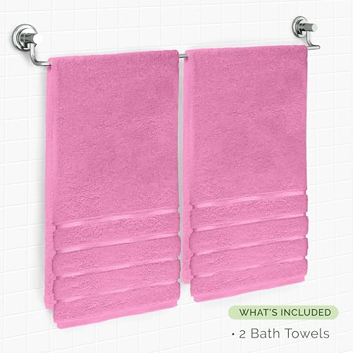 Image of Elegant Comfort 100% Turkish Cotton 4 Lines Viscose Stripe Luxury 2 Pack Bath Towel Set 27 x 54 Inch - Super Soft and Highly Absorbent Premium Hotel Spa Quality Towels for Bathroom Use, Light Pink
