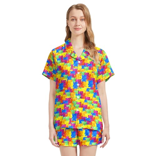 Image of Funny Pajamas for Women Set Print Satin Loungewear Pjs Short Sleeve Button Down Top and Shorts Sets Sleepwear XS-3XL