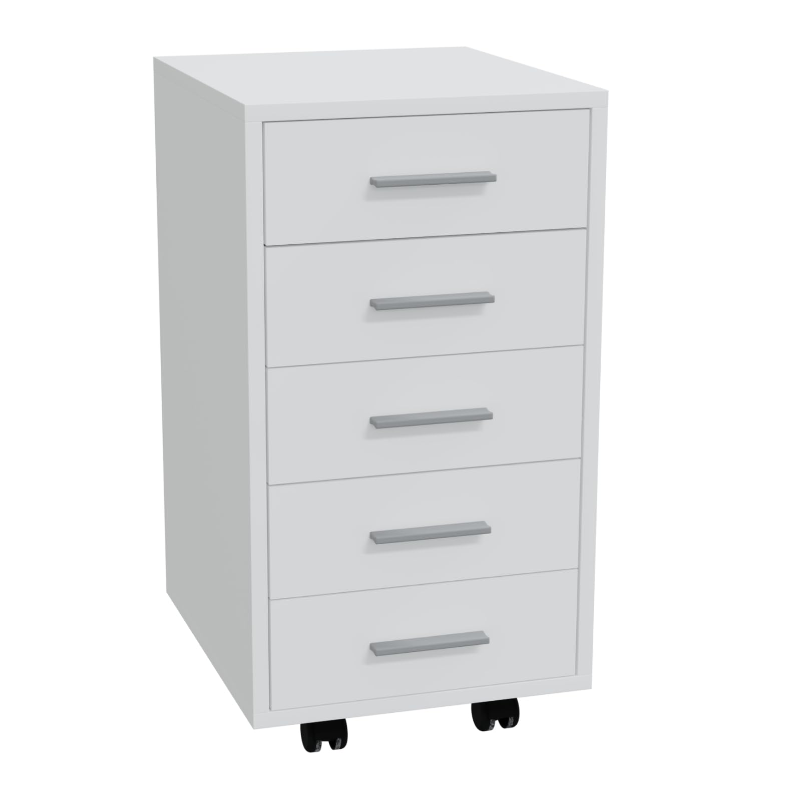 HAGO24 | Rollcontainer | Bürocontainer | Büroschrank | Aktenschrank | Rollschrank | 5 Schubladen | Aluminium-Griffe | Möbelrollen | 360° schwenkbar | Weiß |