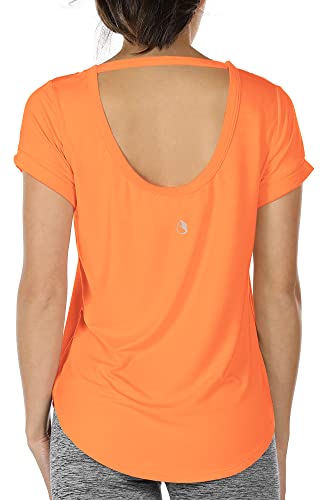 Icyzone - Camisetas deportivas de yoga con espalda abierta y manga corta para mujer, naranja, L
