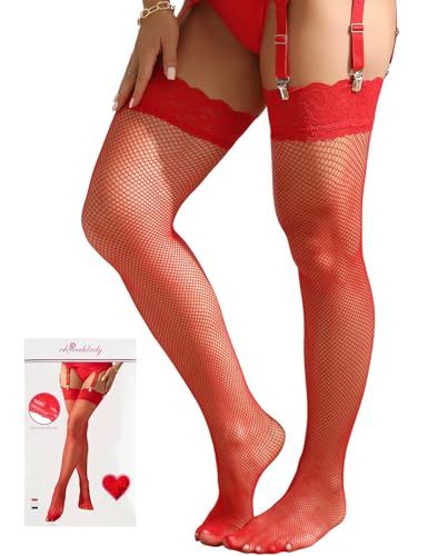 ohyeahlady Bas pour Porte-jarretelles Femme Rouge Sexy Grande Taille Collant Porte Jarretelle Dentelle Bas Résille Autofixant Silicone Antidérapant Tenue Hot Lingerie Sexy Rouge,L-XXL