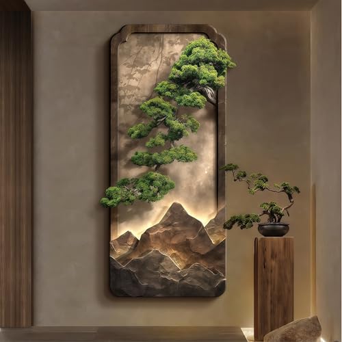 Décoration murale en grès texturé 3D avec plantes artificielles et éclairage LED moderne