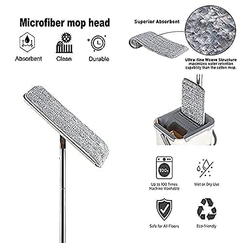 Image of Mop Heavy Quality Floor Mop with Bucket Flexible Kitchen tap Flat Squeeze Cleaning Supplies 360 Flexible Head /2 Reusable Pads Clean Home Floor Mop