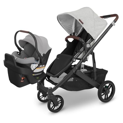 Image of UPPAbaby Travel System, Includes Cruz V2 Stroller + Aria Lightweight Car Seat Combo - Toddler Seat, Rain Shield, Storage Bag, Car Seat, Base + Infant Insert Included – Anthony (White + Grey Chenille)