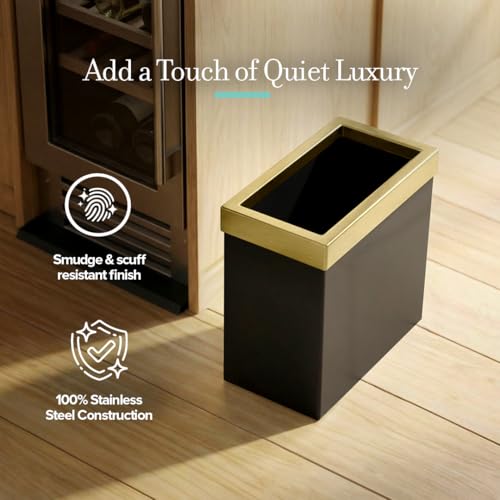 Image of Gatco Small Bathroom Trash Can With Lid, Rectangle 3 Gallon Stainless Steel Wastebasket, Under Sink, Matte Black And Brushed Brass, For Bathroom, Bedroom, Office (1938)
