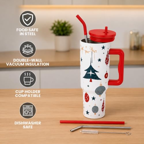 Image of Stainless Steel 1200 ml Vacuum Tumbler with Lid & Straw - Double‑Wall Insulated Cup for Travel, Gym & Office - Keeps Beverages Hot or Cold - 1.2 L Capacity (Cristmas Red)