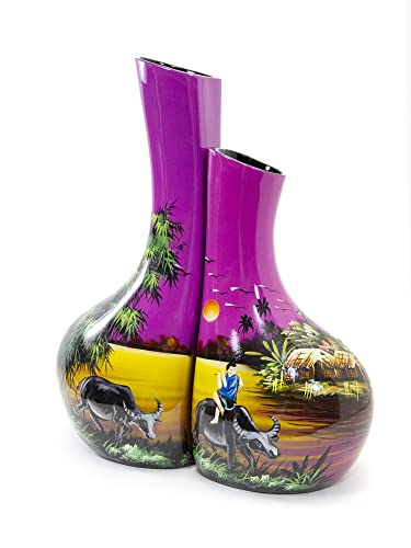 Vase en Bois Laqué Peint, Campagne du Vietnam, Fait Main - Pot de Fleur de Décoration, Style Asiatique, Hauteur 33cm - Artisanat du Vietnam (S46-6033)
