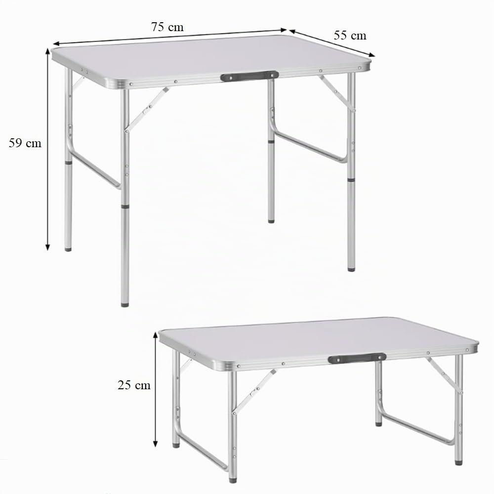 VIRSUS Tavolo Pieghevole da Picnic con Struttura in Alluminio 1208, Gambe Regolabili in 2 Altezze da 25 e 59 cm, Maniglia e Piano in Formica Resistente, Tavolino da Spiaggia (75x55x59 cm)