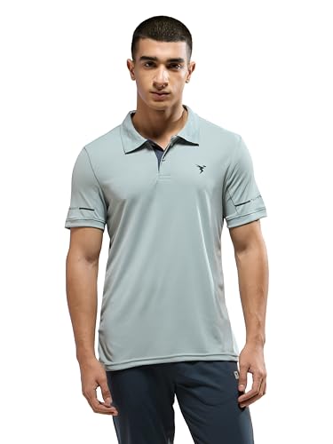 Image of TECHNOSPORT Men's Solid Slim Fit Polo Collar T-Shirt TECHNOCOOL+ Half Sleeve Button Polyester for Gym Running Workout UPF50+ Anti Odour