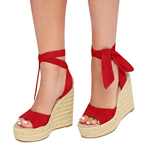 Image of Womens Espadrilles Wedges Sandals Heels Open Toe Tie Lace Up Platform Ankle Strap Summer Dress Shoes