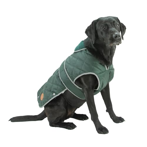 Ancol Heritage Quilted Dog Coat in Green - Waterproof Fleece Lined Pet Jacket with Zipped Harness Hole - Reflective Edging Puppy Apparel - L