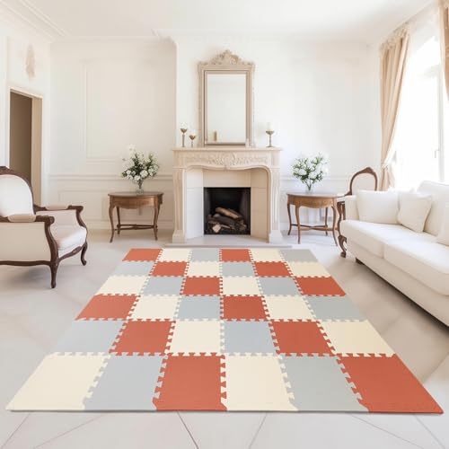 Image of TCBunny Kids Soft EVA Foam Jigsaw Puzzle Play Mat, 36 Interlocking Tiles and Edges Baby Play Mat, for Kids Gym, Nursery, Playroom, Pet Mat, Total Floor Coverage 32 Sq Ft, Red/Grey/Beige