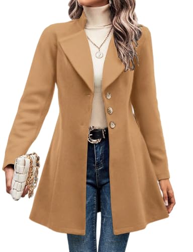 Image of Mywinway Wool Coats for Women 2025 Fall Winter Trench Coat Peacoat Long Tweed Blazer Jackets Outwear,Camel,L