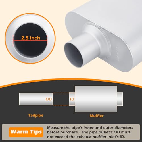 Image of A-KARCK Universal Exhaust Muffler 2.5 inch Center Inlet 2.5 inch Center Outlet, 13 inch Overall Length Aluminized Steel Aggressive Sound Race Muffler for Cars, Trucks