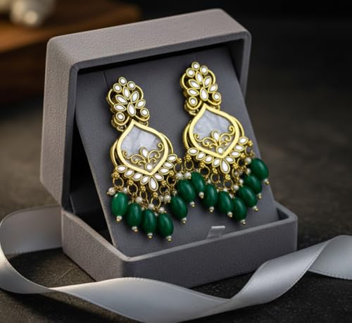 Image of Traditional 20K Gold Plated Kundan Chandbali Earrings with Black Beads and Faux Pearls for Women - Ethnic Wedding & Partyy Wear Statement Jewelry