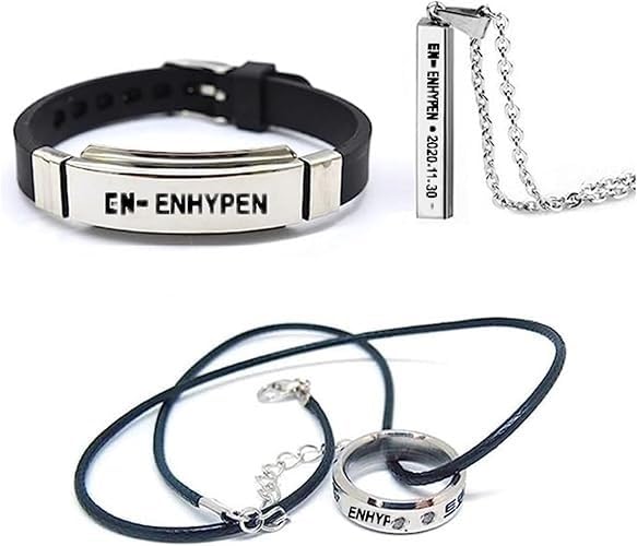 YiYiXiXi 3Pcs EN-HYPEN Jewelry Gifts Set,EN-HYPEN Necklace Wristband Ring Merch for Fans(Silver)