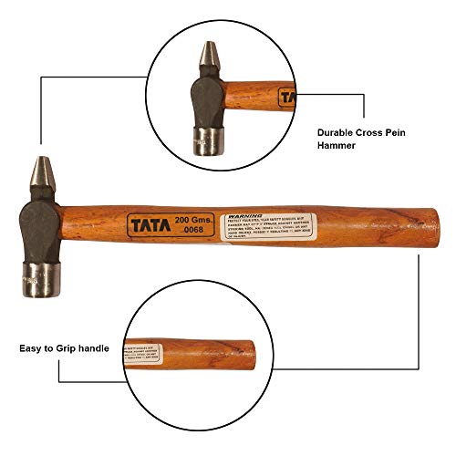 Image of TATA AGRICO- Cross Pein Hammers Drop Forged Steel, Seasoned Wood Handle, | Home & Industrial Use, Garage| 200 Gms /Set Of 1Pcs-Brown And Gray