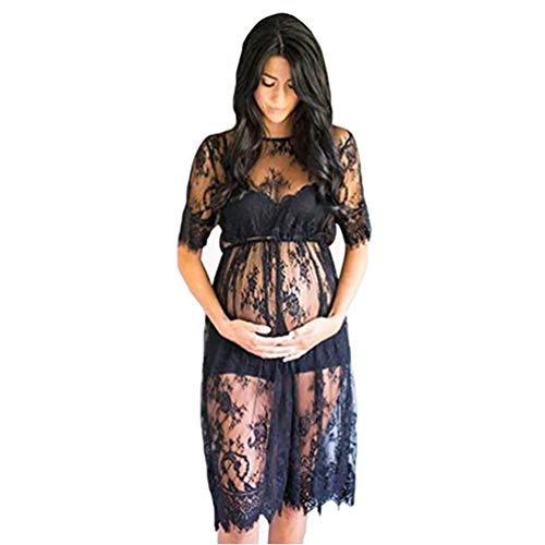 Booding Schwangerschaftskleid Fotografie Kleidung Schwangere Frauen Wimpern Spitze Kleid Mutterschaft Spitzenkleid Elegante Schwangerschafts Kleid Schwangere Frauen Foto-Shooting Kleid Schwarz XL Cover