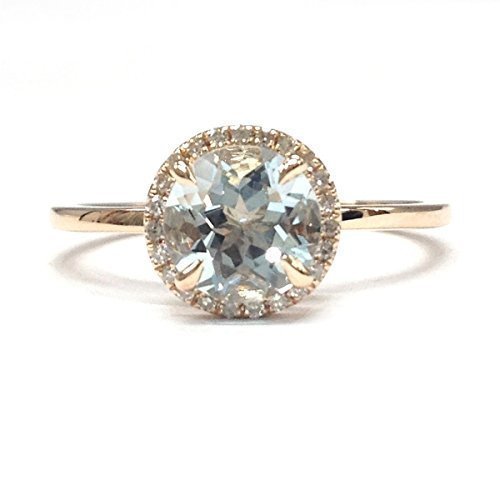 Round Aquamarine Engagement RingPave Diamond Wedding 14K Rose Gold,7mm
