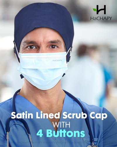 Image of 2 Pcs Satin Lined Scrub Cap Nurse Hats for Women Men 4 Buttons