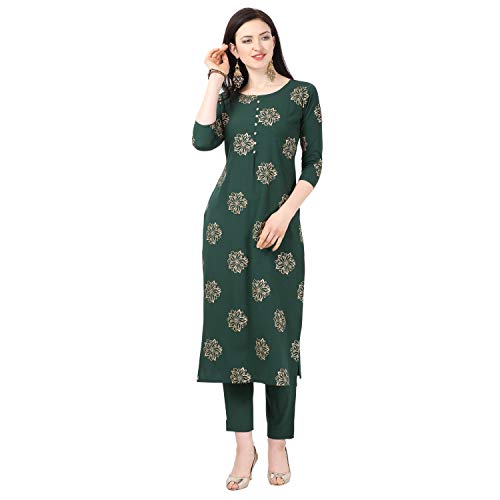 Image of NAINVISH Women's Crepe A-Line Kurti with Pant (SD033-L Green Large)