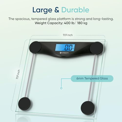 Etekcity Digital Body Weight Bathroom Scale, Large Blue LCD Backlight Display, High Precision Measurements, 6mm Tempered Glass, 400 Pounds, Black