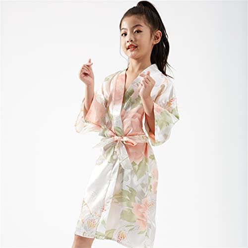 Girls Satin Flower Kimono R𝐨be with Belt Cute Oversized Short Sleeve 𝗽ajamas Dress Bathr𝐨be Gowns F𝐚mily L𝐨unge3