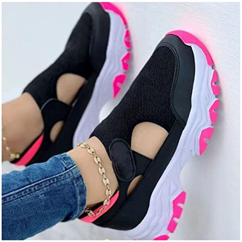 EEUK Orthopedic Diabetic Walking Sneakers 2023 Fashion, Comfy Canvas Shoes Women Fashion Trainers Womens Fly Woven Breathable Walking Shoes Breathable Mesh Shoes(Size:US 6.5-7,Color:black Pink)
