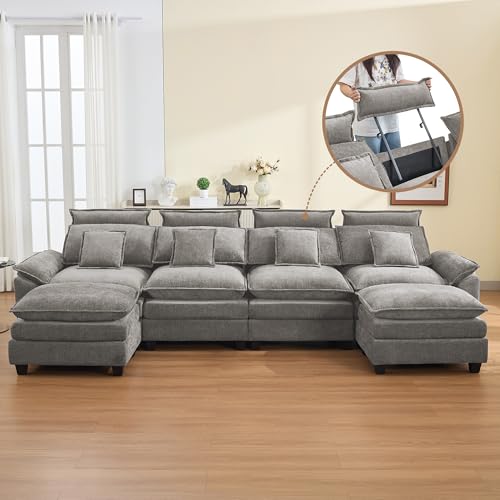 Image of 134'' Cloud Modern 4 Seater Couch with Detachable Headrest, Modular Sectional Sofa with 2 Ottoman, Oversized U Shape Chenille Comfy Sofa with Armrests for Living Room, Light Grey