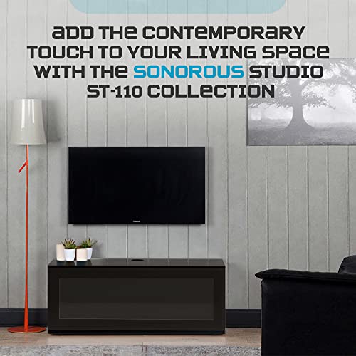 Image of SONOROUS ST-110 Premium TV Stand with Black Wood & Black Glass Cover - Modern Entertainment Center & Media Console for Living Room - TV Cabinet up to 65 Inch with Hidden Wheels - Sleek Storage Design
