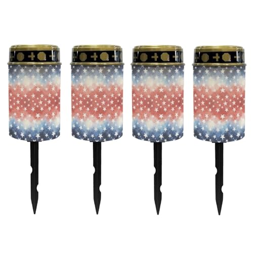 Image of Poceacles Star Pattern Red White Blue Flameless Candle Solar Powered Grave Outdoor Lights Cemetery Candle Flameless Fake LED Pillar Lights for 250th 4th of July Independence Day Decor, 4 Pcs