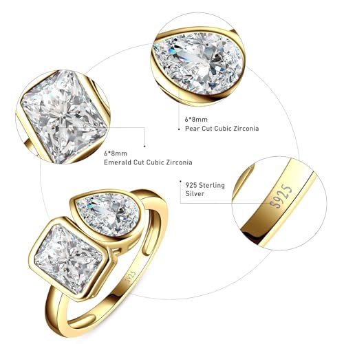 6x8mm 3.5CT Toi Et Moi Ring 925 Sterling Silver 14k Gold Plated Engagement Ring For Women Double Stone Ring Emerald & Pear Cut Cubic Zirconia Wedding Ring Width Band 1.9mm - Size 5-94