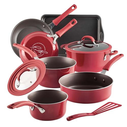 Rachael Ray Cook + Create Nonstick Cookware/Pots and Pan Set, 10 Piece, Red