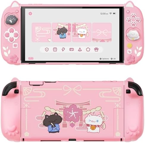PlayVital Cherry Blossoms Kitten Protective Case for Nintendo Switch 2 with Stand | Cute Cat Ear & Paw Silicone Grips, Dockable Hard Shell, 2 Joystick Caps | Full-Body Protection Cover - Pink