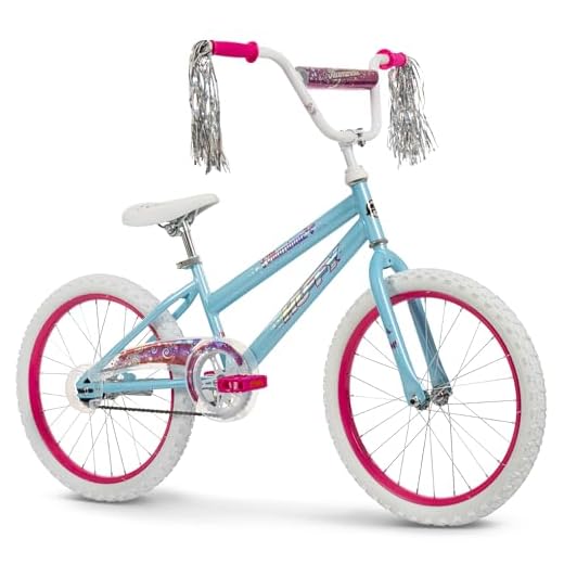 Huffy Illuminate 20” Girl’s Bike, Sky Blue Frame with Butterfly Graphics, Kickstand Included, Streamers and Chain Guard, White Tires and Pink Rims