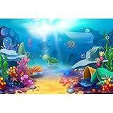 Undersea Aquarium Background Cartoon Underwater Tropical Fish Coral Reef Terrarium Backgrounds Under The Sea World Theme Fish Tank Background Turtle Shark Blue Sea with Sunbeams Tank Decors 36x18in