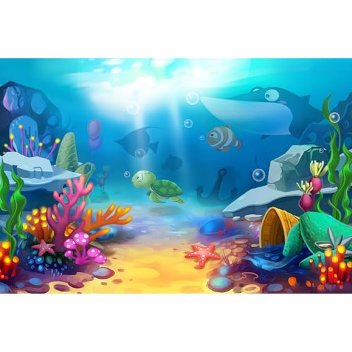 Image of Undersea Aquarium Background Cartoon Underwater Tropical Fish Coral Reef Terrarium Backgrounds Under The Sea World Theme Fish Tank Background Turtle Shark Blue Sea with Sunbeams Tank Decors 30x12in