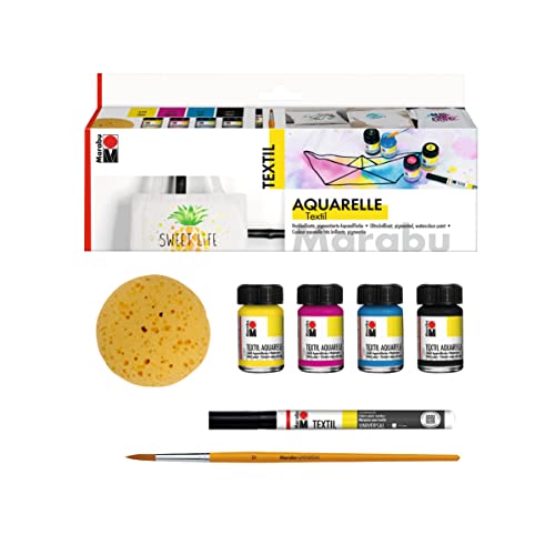 Marabu 1709000000080 - Textil Aquarelle Starterset, hochbrillante Aquarellfarbe für helle Textilien, geruchsneutral, lichtecht, weicher Griff, 4 x 15 ml Farbe, Textil Painter, Pinsel und Schwamm