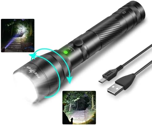 PEETPEN Flashlight,Torches LED Super Bright Rechargeable,2000 Lumens Powerful Pocket Torch, Zoomable USB Tactical Torch IP68 Waterproof Camping Torch with 4 Modes for Outdoors, Camping, Hiking