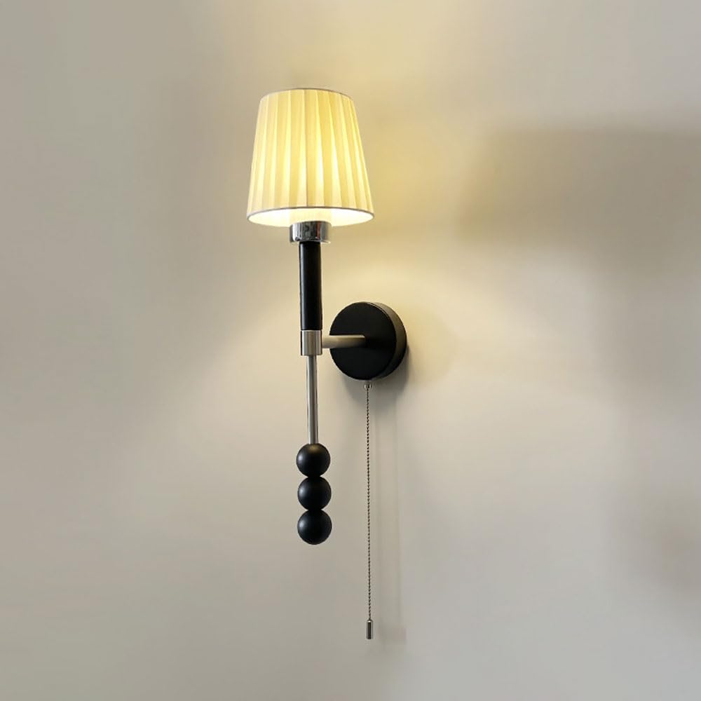 Applique da Parete Moderna in Tessuto con Interruttore a cordicella, Lampada da Comodino per Hotel, Applique da Soggiorno con Cablaggio Fisso, Paralume in Tessuto Bianco plissettat