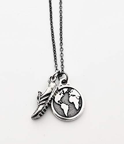 I Run The World Necklace - Pewter Running Shoe Charm and Pewter Earth Charm on 18 inch Gunmetal Chain2