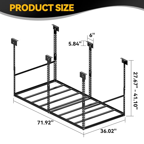 Image of 3x6 Ft Overhead Garage Storage Rack, 28-41 inch Height Adjustable Ceiling Mounted Organization Rack, 450 lbs Weight Capacity, 36 inchx72 inch Metal Rack for Garage Storage with Hanging Rods