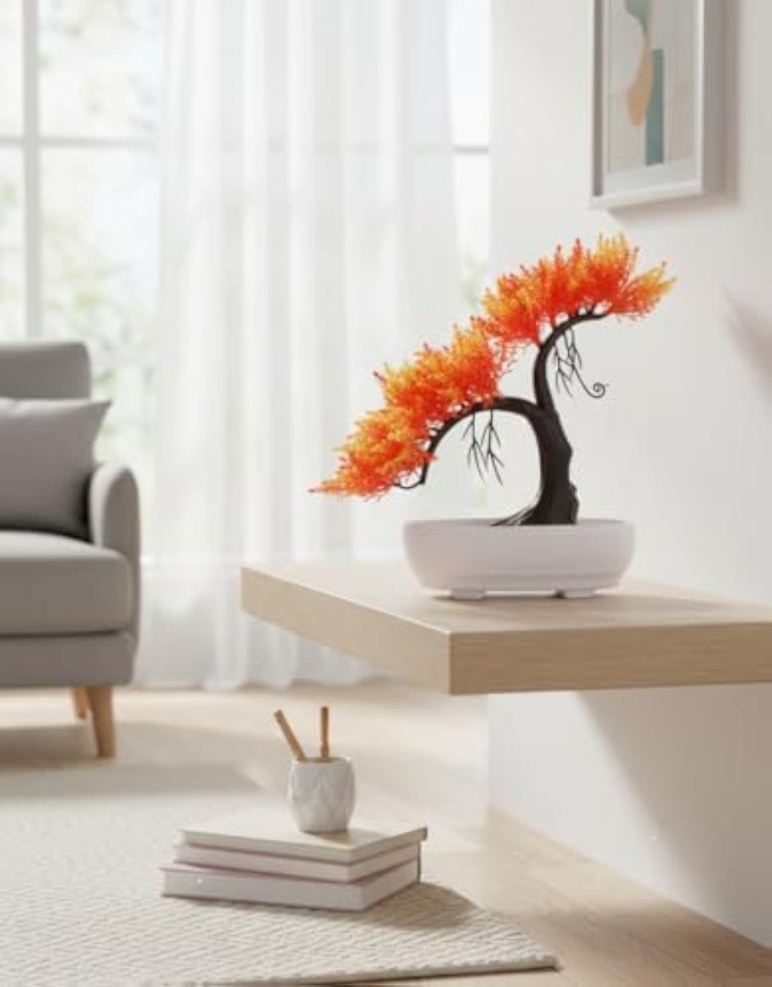 Artificial Twin Branch Bonsai Tree with Orange Leaves