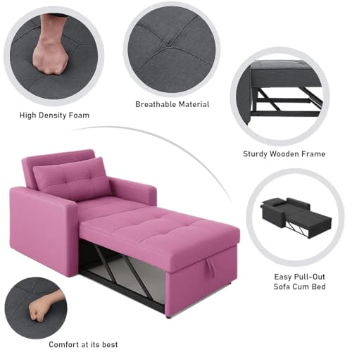 Image of CASASTYLE Trissa 1 Seater Pull-Out Premium Fabric Sofa Cum Bed Sofa Set for Living Room (Pink Fabric)