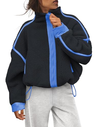 Panadila Womens Fleece Zip Up Jacket Fuzzy Sherpa Jacket Casual Teddy Coats Winter Outerwear with Pockets, Black Blue Combo, S