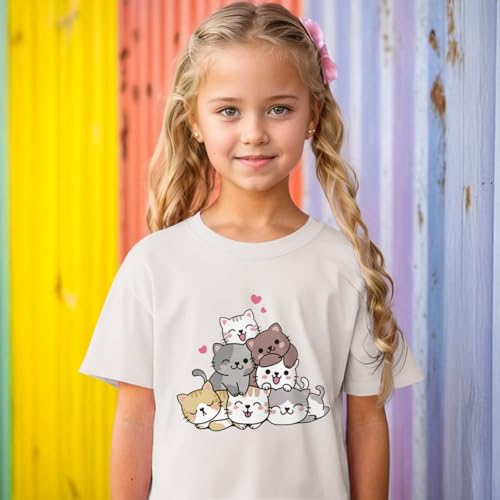 Image of KEEVICI Cute Cartoon Cat Shirts for Girls Kids Graphic Tees Kawaii Animal Pattern T Shirt Cotton Crewneck Summer Loose Tops