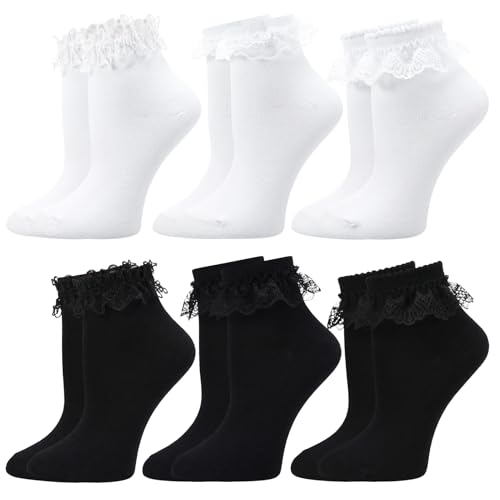 Image of Jspupifip 6 Pairs Lace Ruffle Frilly Crew Socks for Women Girls | Cotton Breathable Cute Princess Ankle Dress Lace Socks Thin Cool Casual Socks